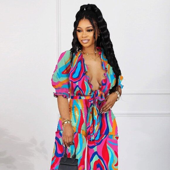 Sexy Print Plus-Size Suit with Flanged Edge Wide Leg Strap High Waist V-Neck - Picture 3 of 7